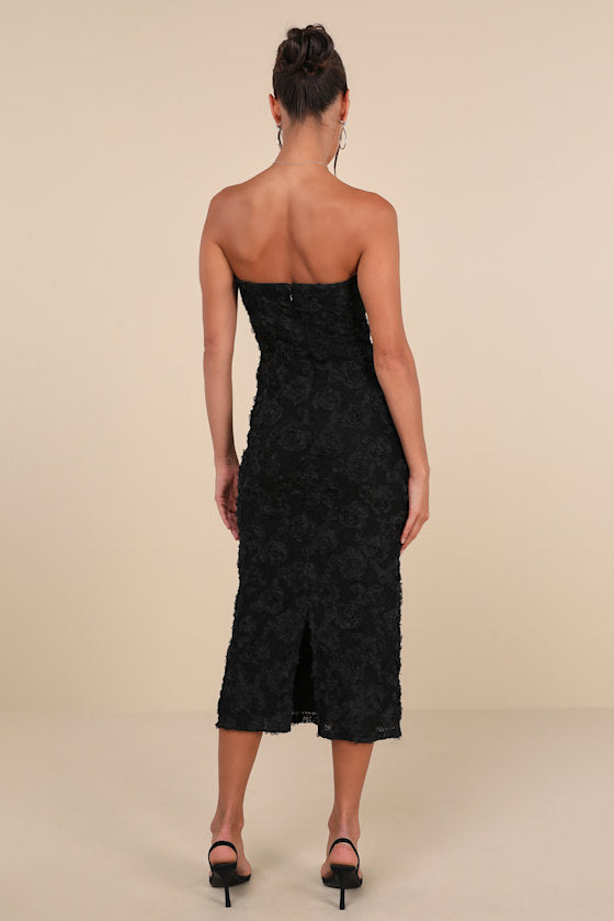 Flawless Perfection Emerald Floral Applique Strapless Midi Dress