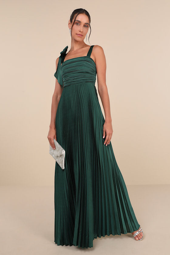 Gorgeous Purpose Slate Satin Pleated Sleeveless Bow Maxi Dress #Color_Emerald
