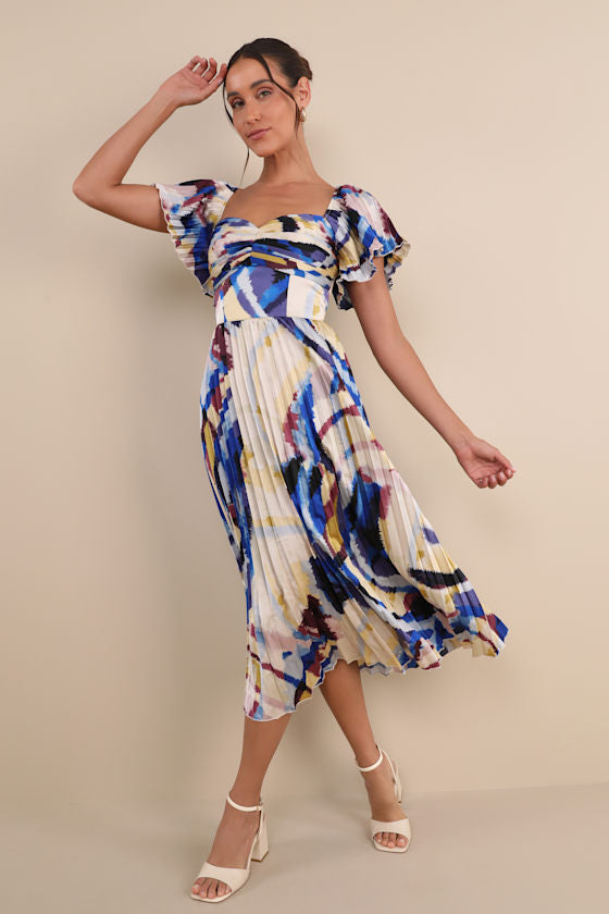 Authentically Yours Yellow Multi Abstract Print Satin Midi Dress #Color_Blue Multi Abstract Print