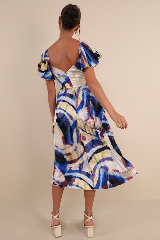 Authentically Yours Teal Multi Abstract Print Satin Midi Dress