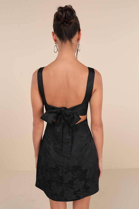 Perfectly Flirtatious Black Floral Jacquard Tie-Back Mini Dress #Color_Black