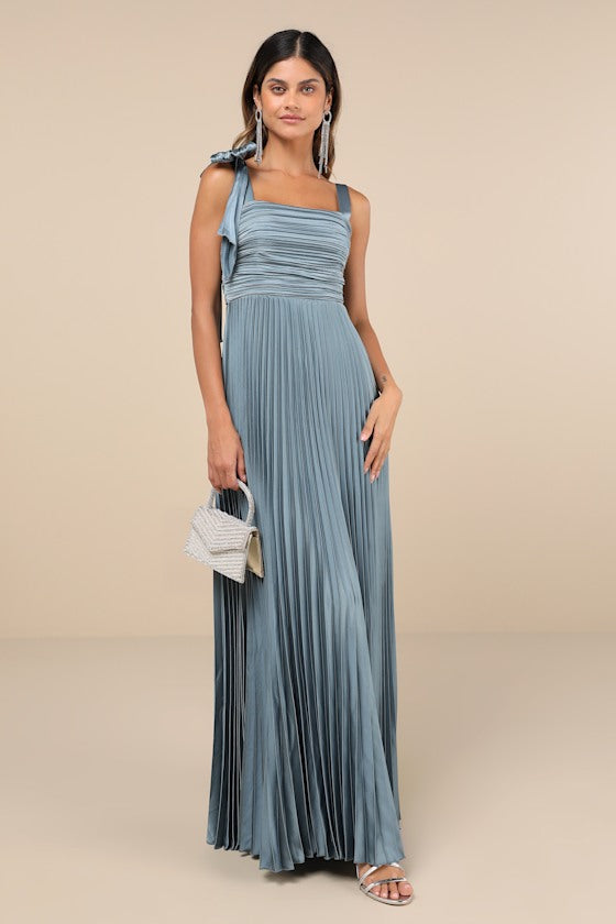 Gorgeous Purpose Slate Satin Pleated Sleeveless Bow Maxi Dress #Color_Slate