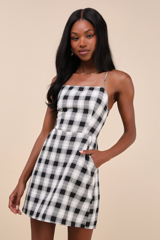 Sweetest Memory Black Plaid Lace-Up Mini Dress With Pockets