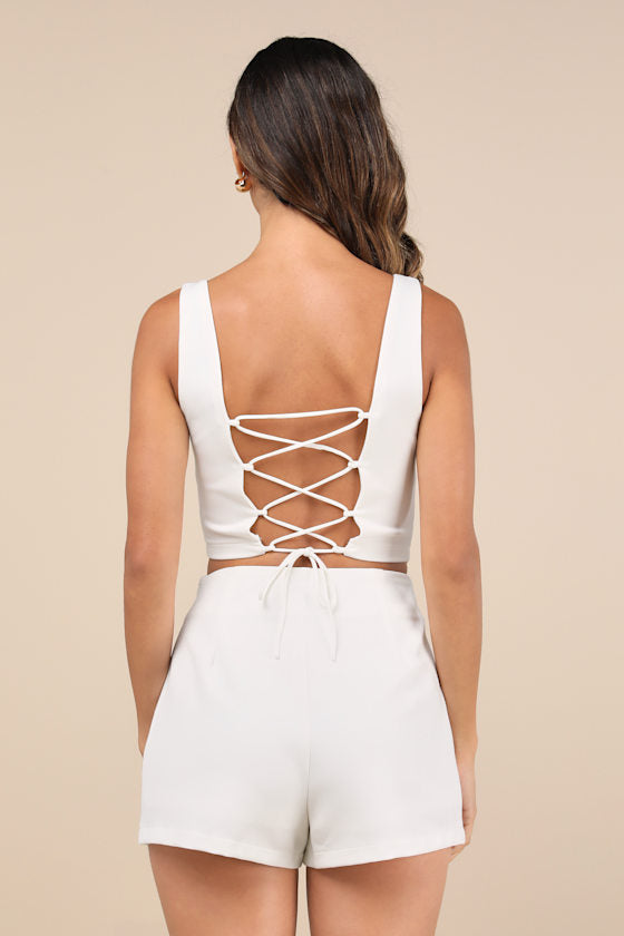 Exceptionally Styled Orange Lace-Up Two-Piece Skort Romper