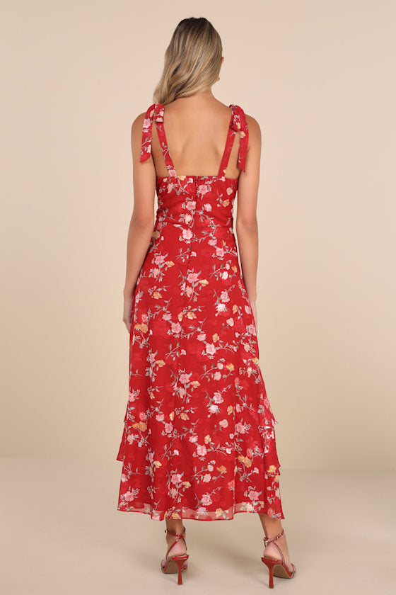 So Elevated Blue Floral Jacquard Tie-Strap High-Low Midi Dress