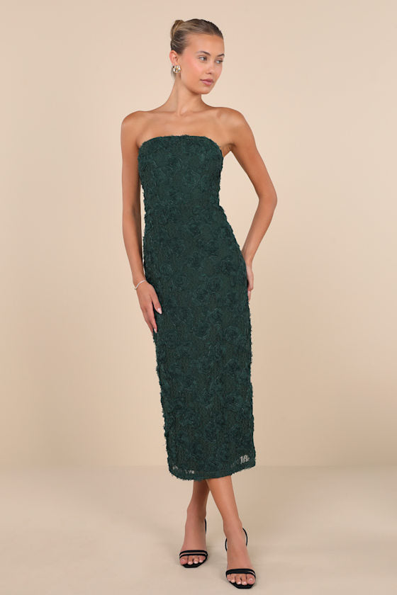 Flawless Perfection Emerald Floral Applique Strapless Midi Dress #Color_Emerald
