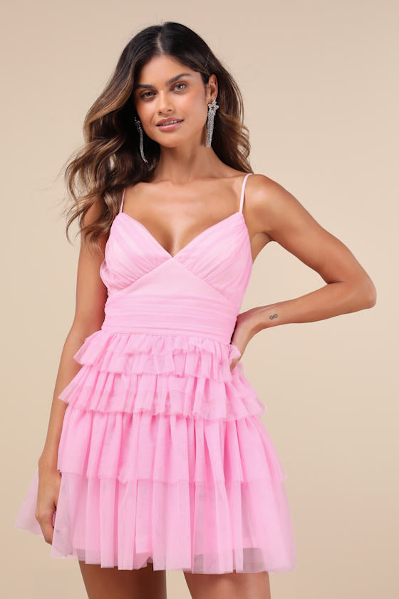 Special Poise Pink Tulle Pleated Sleeveless Tiered Mini Dress #Color_Pink