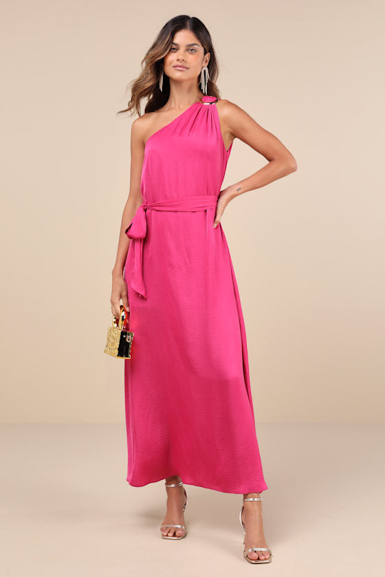 Goddess Aura Black Satin One-Shoulder Maxi Dress