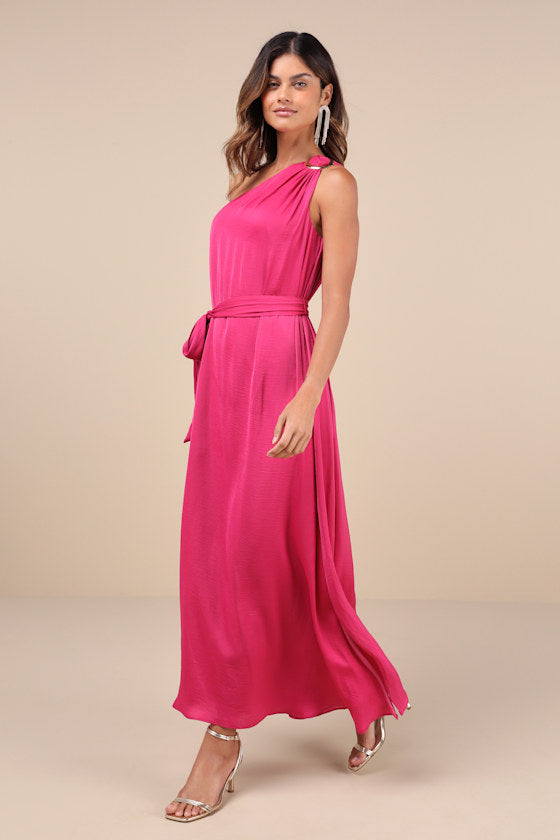 Goddess Aura Black Satin One-Shoulder Maxi Dress