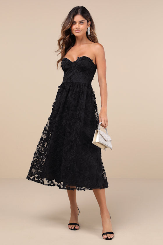Quite Perfect Purple Floral Embroidered Strapless Midi Dress #Color_Black