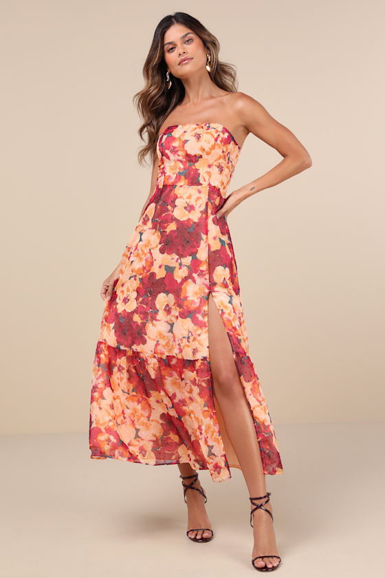 Bright Perspective Plum and Orange Floral Strapless Midi Dress #Color_Plum and Orange Floral