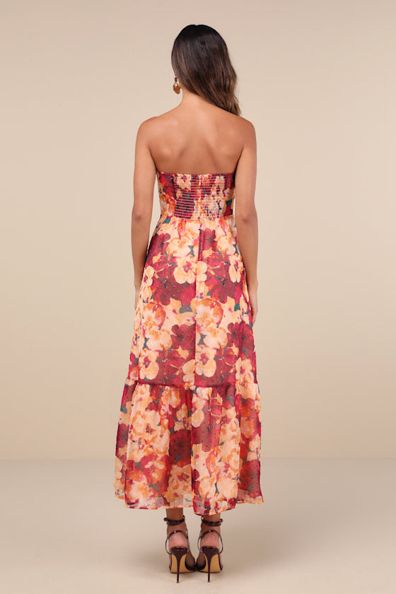 Bright Perspective Plum and Orange Floral Strapless Midi Dress #Color_Plum and Orange Floral