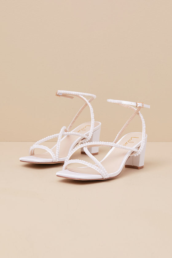 Makenna White Pearl Satin Strappy Ankle Strap Low Heel Sandals #Color_White