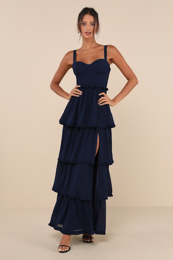 Sophisticated Occasion Navy Blue Bustier Lace-Up Maxi Dress #Color_Navy Blue