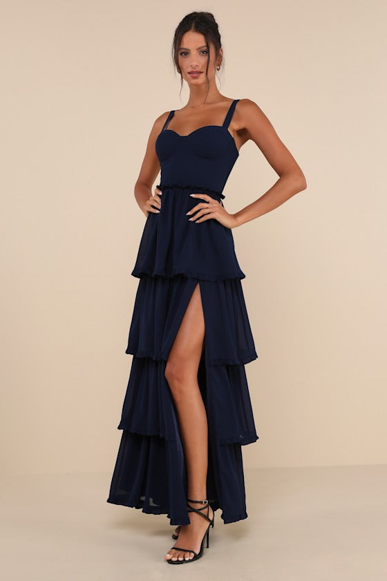 Sophisticated Occasion Navy Blue Bustier Lace-Up Maxi Dress #Color_Navy Blue