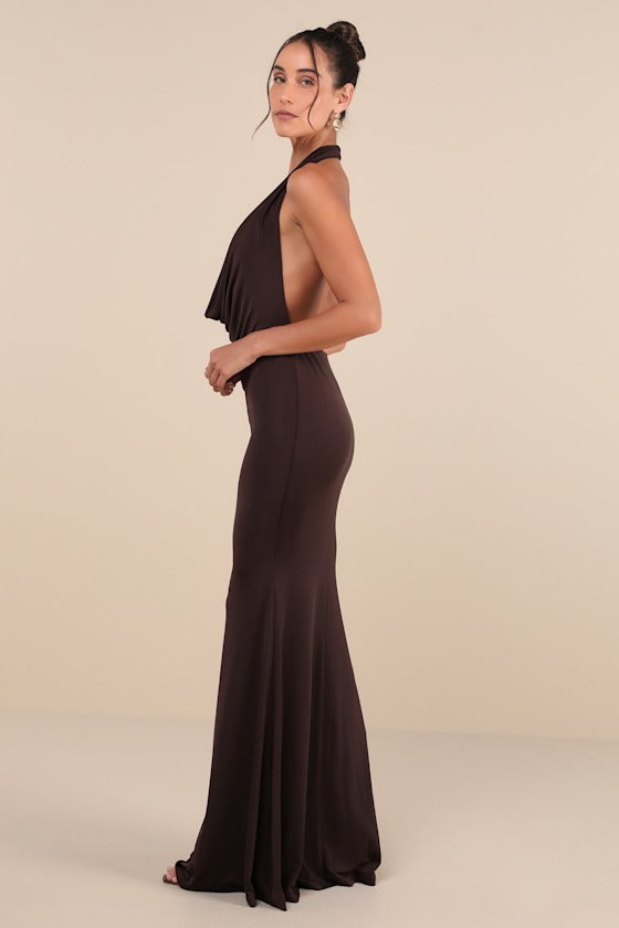 Eye-Catching Silhouette Red Cowl Neck Halter Maxi Dress