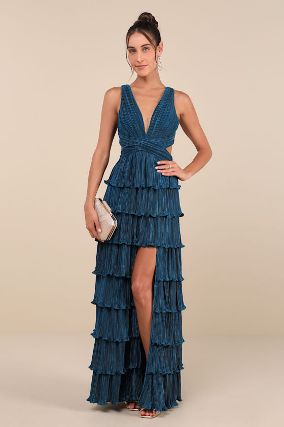 Beauty Icon Dark Teal Satin Pleated Tiered Lace-Up Maxi Dress #Color_Dark Teal