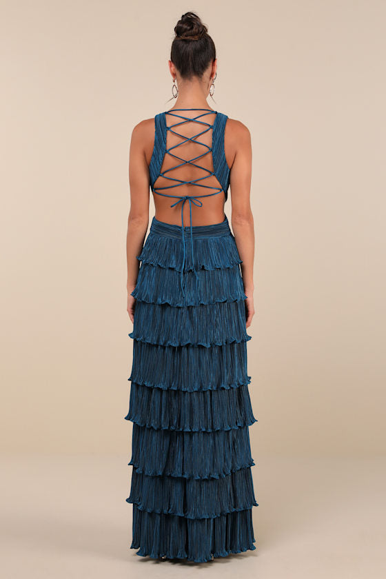 Beauty Icon Pink Satin Pleated Tiered Lace-Up Maxi Dress