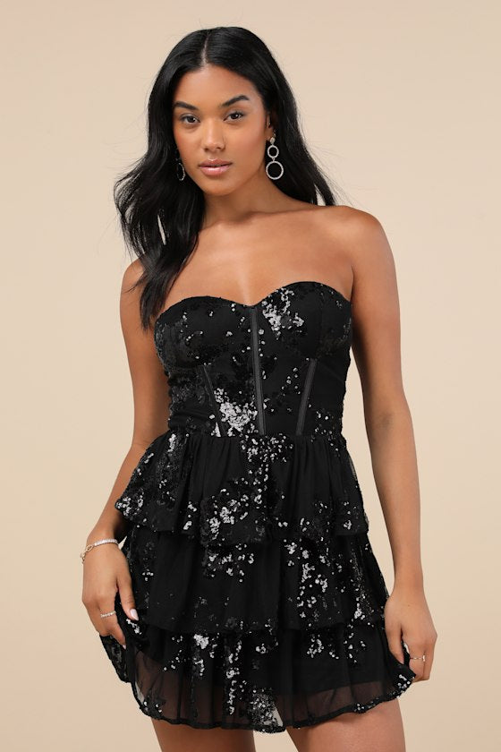Definite Glamour Black Mesh Sequin Bustier Tiered Mini Dress #Color_Black