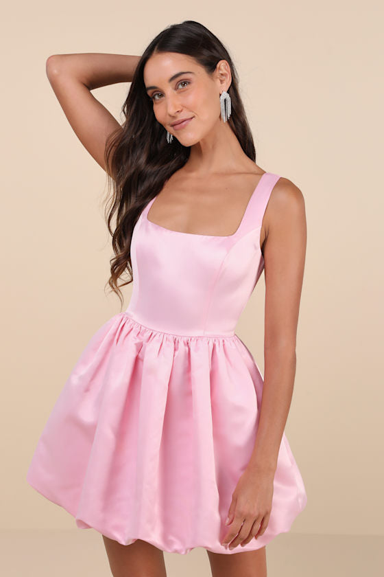 Regal Cutie White Satin Square Neck Bubble-Hem Mini Dress