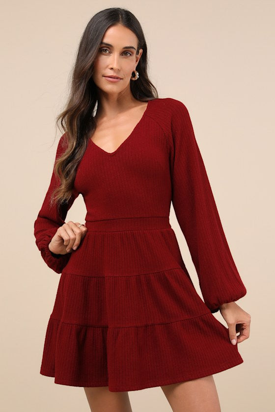 Adorable Option Heather Beige Long Sleeve Mini Sweater Dress #Color_Wine Red