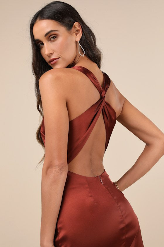 Purely Elegant Rust Brown Satin Twist-Back Maxi Dress #Color_Rust Brown