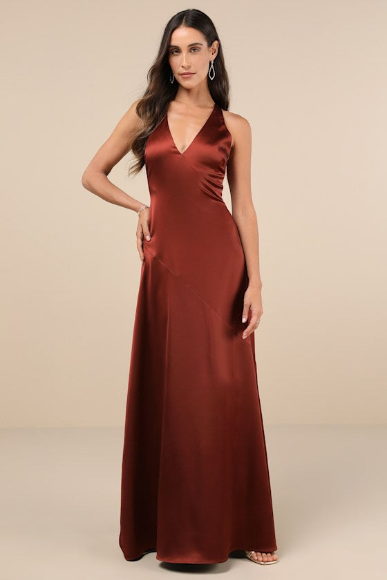 Purely Elegant Rust Brown Satin Twist-Back Maxi Dress #Color_Rust Brown
