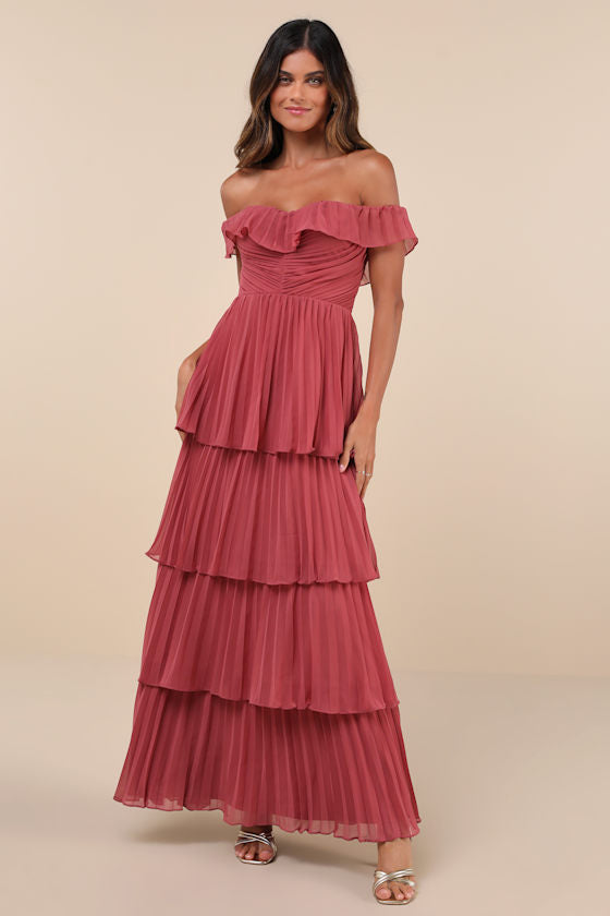 Always Remarkable Pink Pleated Off-the-Shoulder Maxi Dress #Color_Rusty Rose