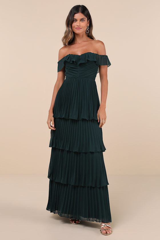 Always Remarkable Emerald Pleated Off-the-Shoulder Maxi Dress #Color_Emerald