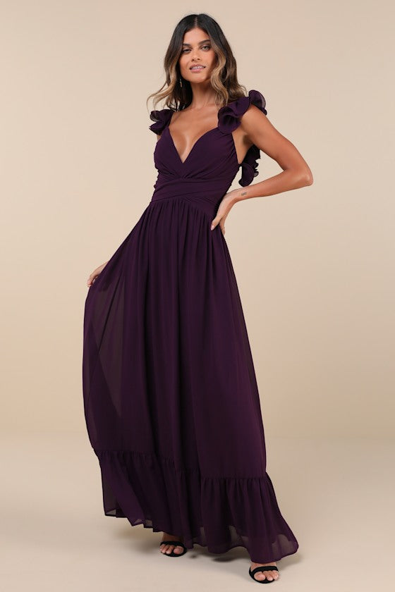 Soiree Celebration Blue Floral Ruffled Lace-Up Maxi Dress #Color_Purple