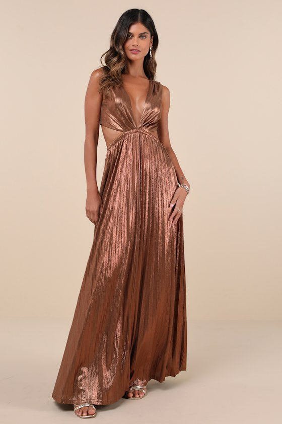 Shining Luxury Bronze Metallic Lurex Cutout Maxi Dress #Color_Bronze Metallic