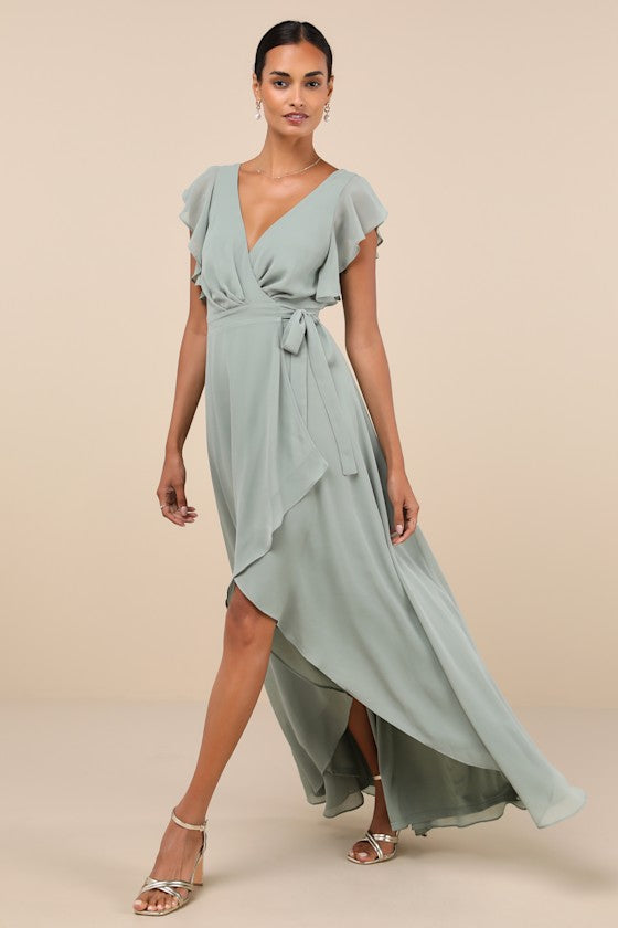 Ravishing Charm Dark Blue Ruffled Wrap High-Low Maxi Dress
