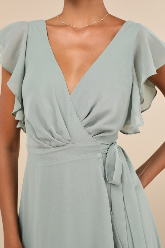 Ravishing Charm Dark Blue Ruffled Wrap High-Low Maxi Dress