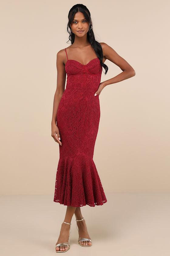 Found Your Love Black Lace Sleeveless Trumpet Midi Dress #Color_Wine Red