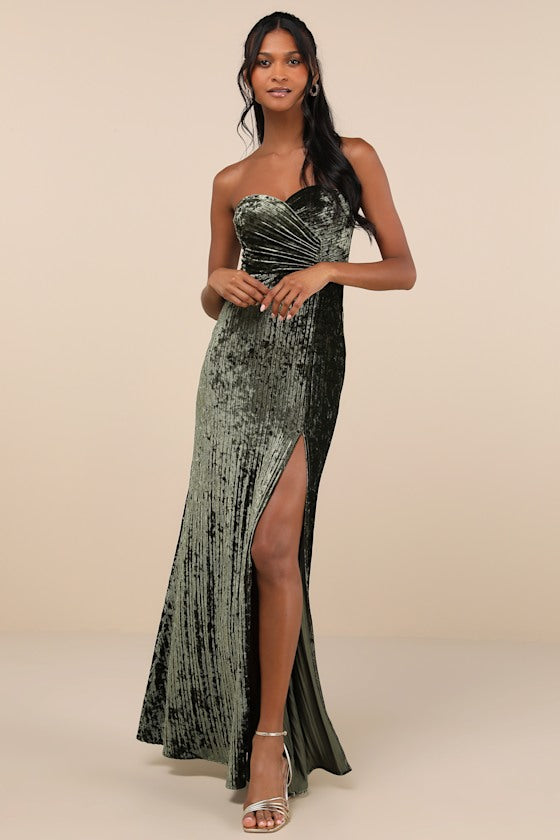 Classy Sensation Navy Blue Velvet Pleated Strapless Maxi Dress