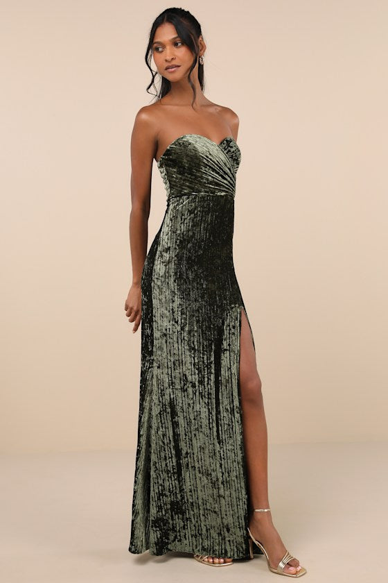 Classy Sensation Navy Blue Velvet Pleated Strapless Maxi Dress