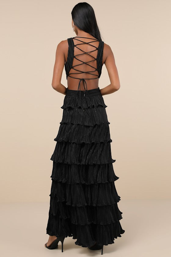 Beauty Icon Lavender Satin Pleated Tiered Lace-Up Maxi Dress
