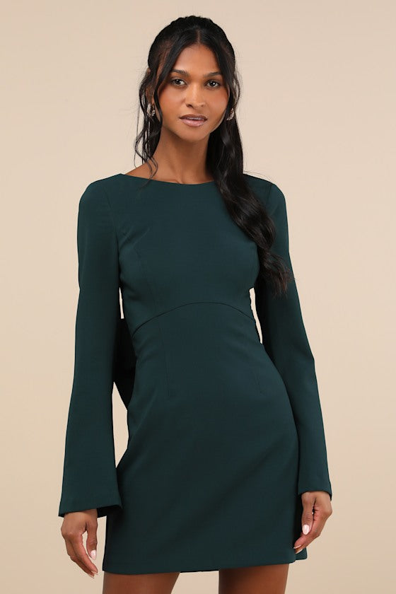 Elegant Cutie Ivory Bow Long Sleeve Backless Mini Dress #Color_Emerald
