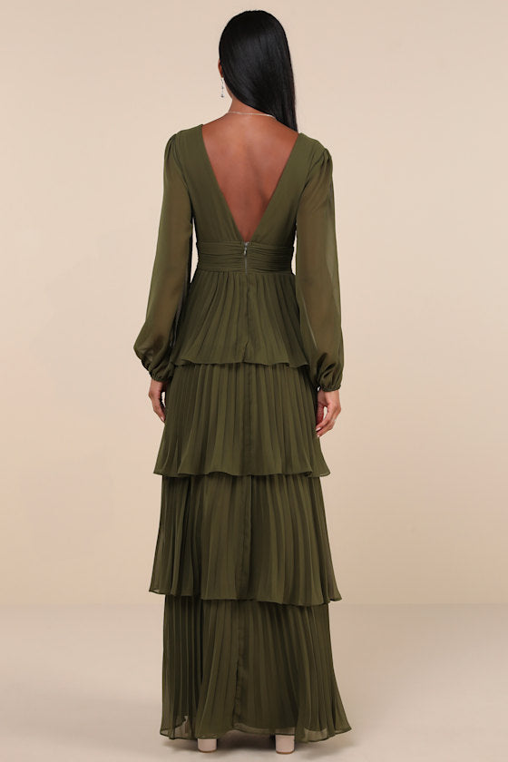 Graceful Finesse Plum Pleated Long Sleeve Maxi Dress