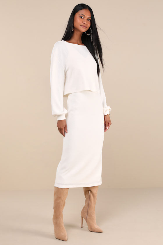 Marvelous Match Ivory Knit Two-Piece Midi Dress & Sweater Set #Color_Ivory