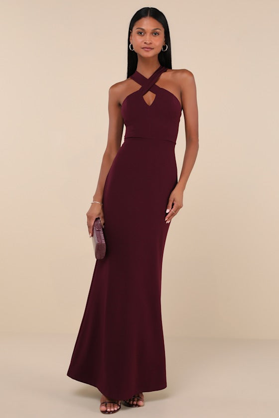 Keep You Enchanted Dark Purple Cutout Halter Mermaid Maxi Dress #Color_Dark Purple