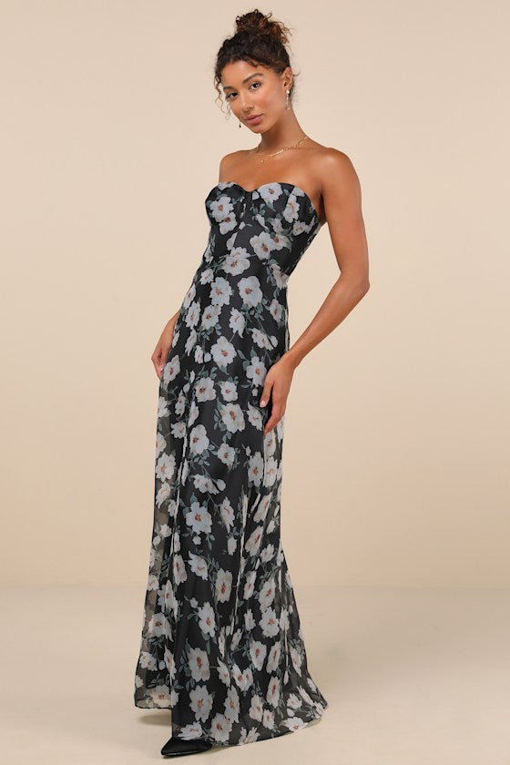 Chic Preciousness Light Blue Floral Organza Bustier Maxi Dress