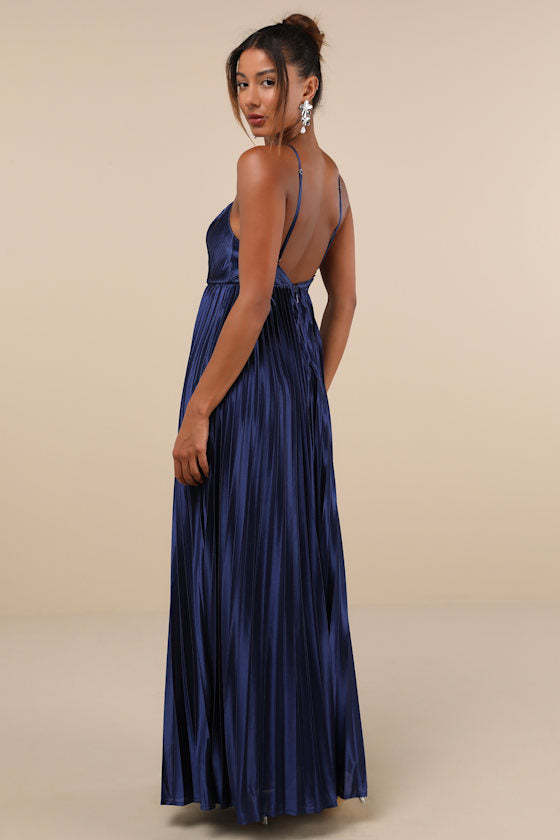 Elaborate Charm Navy Blue Satin Pleated Backless Maxi Dress