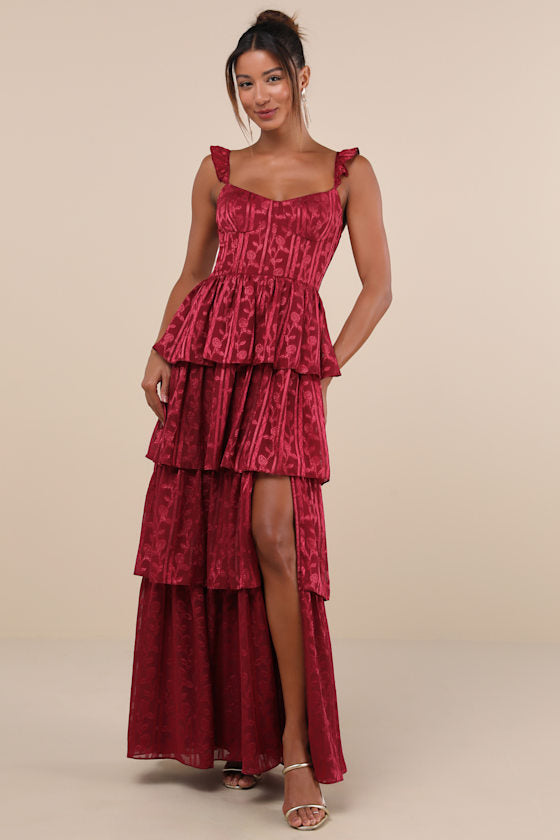 Stunning Glory Light Pink Floral Jacquard Tiered Maxi Dress #Color_Wine Red