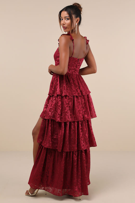 Stunning Glory Light Pink Floral Jacquard Tiered Maxi Dress