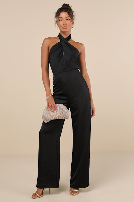 Beyond Classy Brown Satin Halter Wide-Leg Jumpsuit