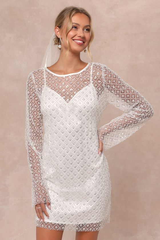 Glowing Charisma White Sequin Pearl Mesh Long Sleeve Mini Dress #Color_White