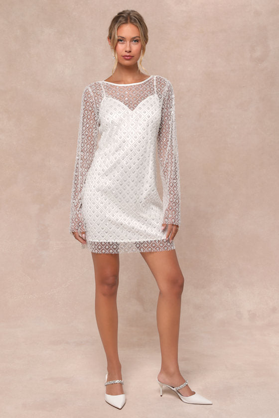 Glowing Charisma White Sequin Pearl Mesh Long Sleeve Mini Dress #Color_White