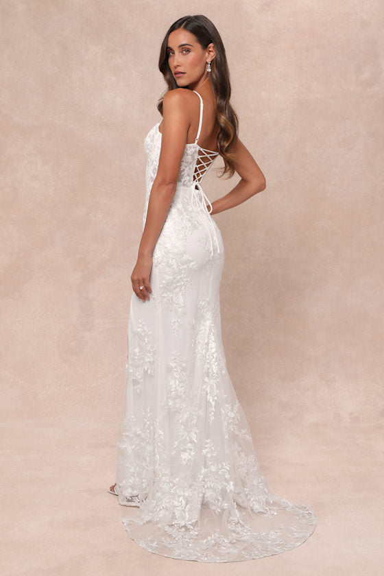Ethereal Elegance White Embroidered Lace-Up Maxi Dress #Color_White