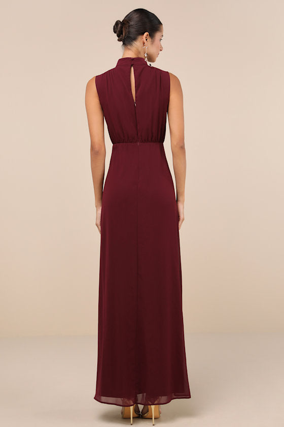 Classic Elegance Black Chiffon Sleeveless Mock Neck Maxi Dress